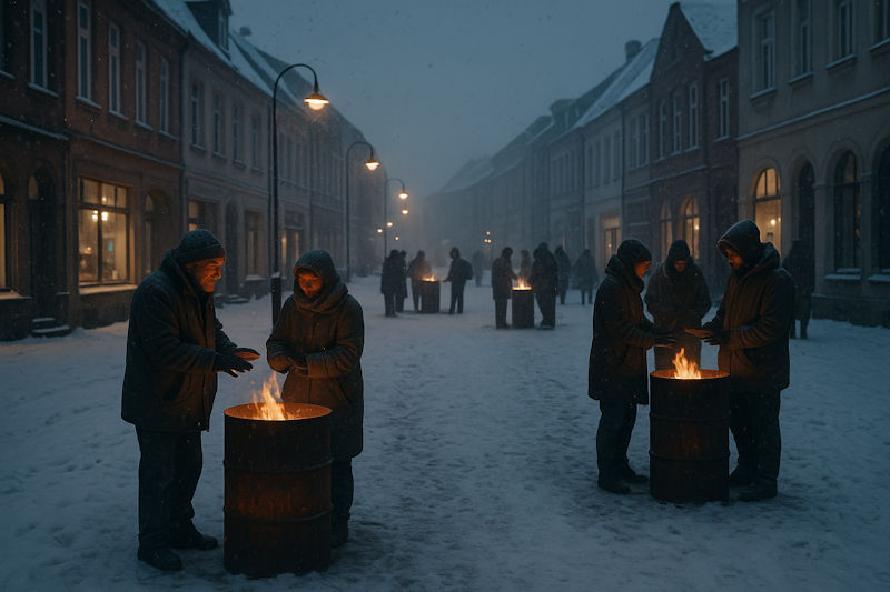 WINTER Menschen Oelfaesser Feuer Aufwaermen
