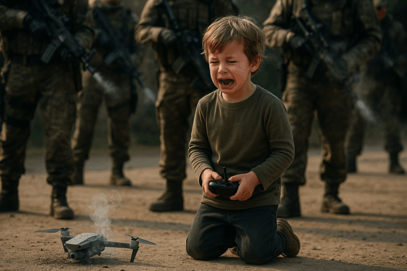 KIND MIT ZERSCHOSSENER DROHNE e1758691936401