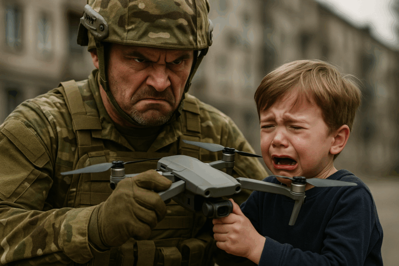 Soldat nimmt Kind Drohne weg e1757913801829